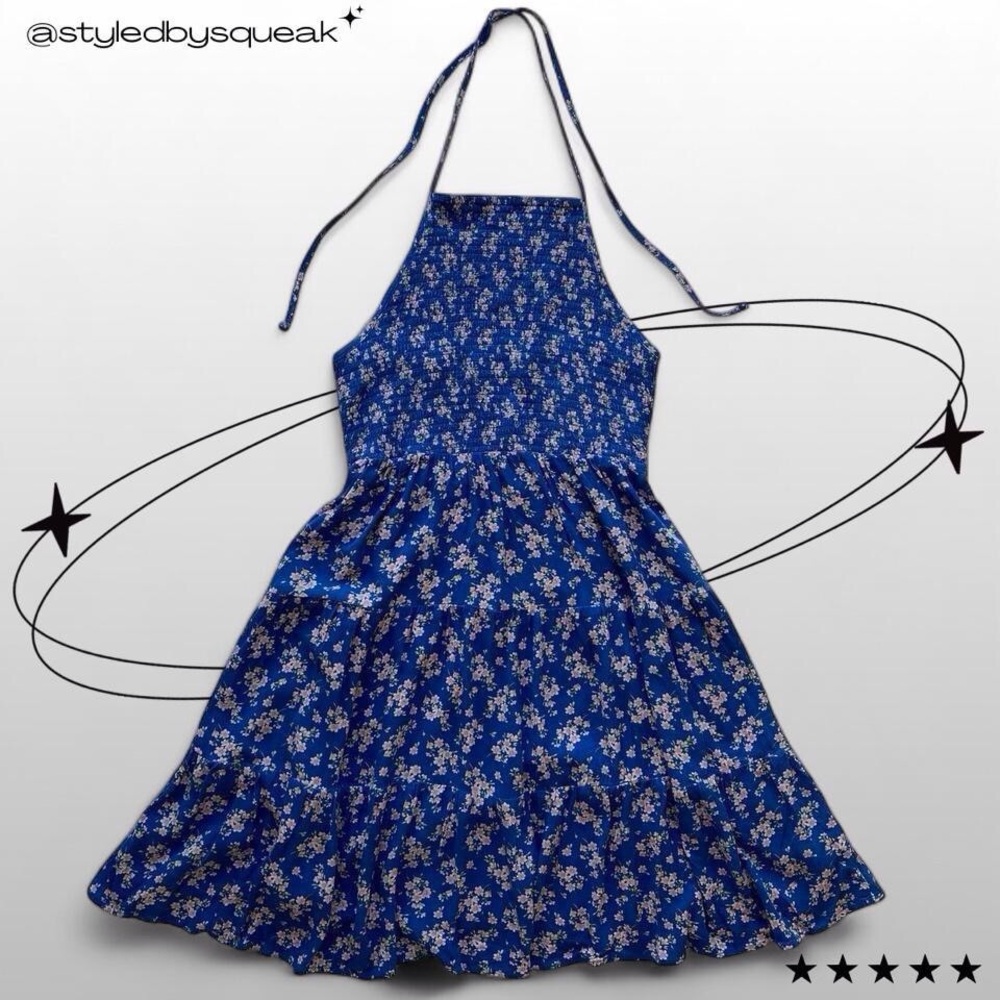 American Eagle Y2K Blue Floral Halter Fit and Flare Tiered Mini Dress Medium